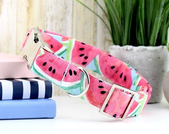 Watercolor Watermelon Dog Collar ~ Watermelon Print Fabric Dog Collar ~ Fashion Dog Collar ~ Silver Metal Hardware ~ Sandy Paws Collar Co®