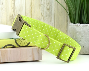 Polka Dot Dog Collar - Lime Green & White ~ Fashion Dog Collar ~ Fabric Dog Collar ~ Antique Bronze Hardware ~ Sandy Paws Collar Co®