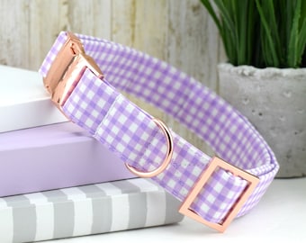 Painted Gingham Dog Collar - Lilac & White ~ Cotton Fabric Dog Collar ~ Fashion Dog Collar ~ Rose Gold Metal Hardware ~ Sandy Paws Collar Co