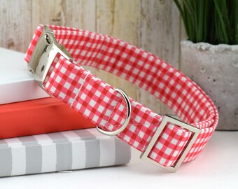 Painted Gingham Dog Collar - Red & White ~ Cotton Fabric Dog Collar ~ Fashion Dog Collar ~ Silver Metal Hardware ~ Sandy Paws Collar Co®
