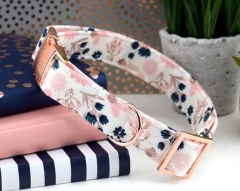 Dog Collar - Rose Gold Dog Collar - White, Blush, Navy, Rose Gold Floral Print Cotton Fabric Dog Collar - Fashion Dog Collar - Rose Gold