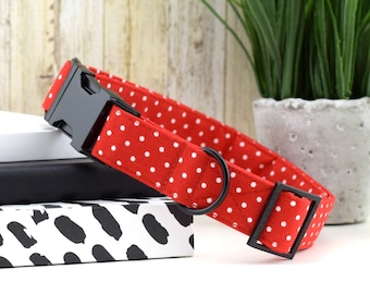 Polka Dot Dog Collar - Red & White ~ Matte Black Hardware ~ Sandy Paws Collar Co