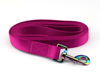 May include: A pink nylon dog leash with a rainbow iridescent metal clip.