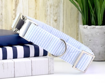 May include: A light blue and white striped dog collar with a silver buckle and D-ring.