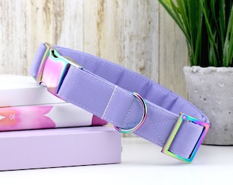 Solid Light Purple Dog Collar ~ Engraved Dog Collar ~ Custom Fabric Dog Collar ~ Rainbow/Iridescent Metal Hardware ~ Sandy Paws Collar Co®