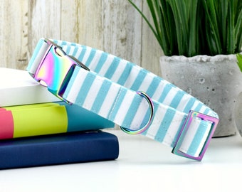 Striped Dog Collar - Aqua Blue & White ~ Striped Cotton Fabric Collar ~ Fashion Collar ~ Rainbow/Iridescent Hardware ~ Sandy Paws Collar Co