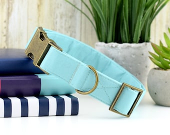 Solid Caribbean Blue Dog Collar ~ Solid Cotton Fabric Dog Collar ~ Fashion Dog Collar ~ Antique Bronze Metal Hardware ~Sandy Paws Collar Co®