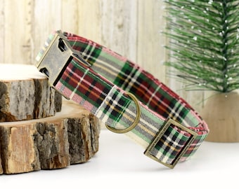Christmas Plaid Dog Collar ~ Christmas Plaid Cotton Fabric Fashion Dog Collar ~ Antique Bronze Hardware ~ Sandy Paws Collar Co®