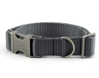 Webbing Dog Collar - Solid Charcoal Gray ~ Solid Nylon Webbing Dog Collar ~ Antique Silver Metal Hardware ~ Sandy Paws Collar Co