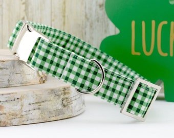 Painted Gingham Dog Collar - Pine Green & White ~ Cotton Fabric Dog Collar ~ Fashion Collar ~ Silver Metal Hardware ~ Sandy Paws Collar Co