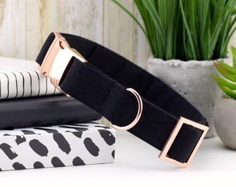 Solid Black Dog Collar ~ Engraved Dog Collar ~ Personalized Dog Collar ~ Rose Gold Metal Hardware ~ Custom Dog Collar ~ Sandy Paws Collar Co
