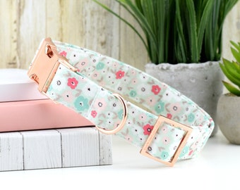 Floral Dog Collar - Mint & Rose Gold ~Metallic Cotton Fabric Dog Collar ~ Girly Dog Collar ~ Rose Gold Metal Hardware ~ Sandy Paws Collar Co