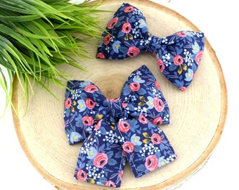 Les Fleurs Rosa Dog Collar Bow - Navy ~ Floral Bow Tie ~ Girly Dog Collar Bow ~ Slide On Bow for Dog Collar ~ Sandy Paws Collar Co®