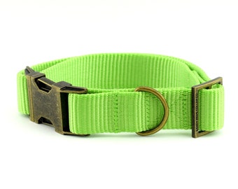 Webbing Dog Collar - Solid Green Apple ~ Solid Nylon Webbing Dog Collar ~ Antique Bronze Metal Hardware ~ Sandy Paws Collar Co