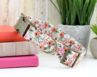 Primavera Rosa Dog Collar - Beige ~ Red, Pink ~ Rifle Paper Co Floral Fabric Dog Collar ~ Fashion Dog Collar ~ Antique Bronze Hardware