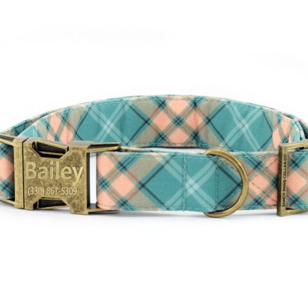 Peaches 'N Teal Plaid Dog Collar ~ Fall Plaid Fashion Dog Collar ~ Fabric Dog Collar ~ Antique Bronze Metal Hardware ~ Sandy Paws Collar Co®