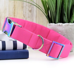Solid Fuchsia Dog Collar ~ Pink Cotton Fabric Dog Collar ~ Fashion Dog Collar ~ Rainbow/Iridescent Metal Hardware - Sandy Paws Collar Co®