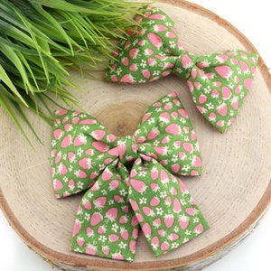 Strawberry Dog Collar Bow - Green ~ Summer Bow Tie ~ Girly Dog Collar Bow ~ Slide On Bow for Dog Collar ~ Sandy Paws Collar Co®
