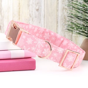 Snowflake Dog Collar - Pink ~ Christmas Winter Snowflake Cotton Fabric Fashion Dog Collar ~ Rose Gold Hardware ~ Sandy Paws Collar Co®