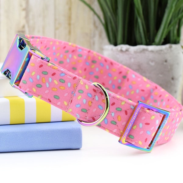 Sprinkles Dog Collar - Pink ~ Summer Print Fabric Dog Collar ~ Fashion Dog Collar ~ Rainbow/Iridescent Metal Hardware ~ Sandy Paws Collar Co