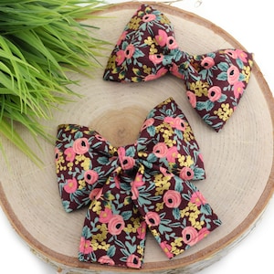 Garden Party Dog Collar Bow - Burgundy ~ Floral Dog Collar Bow Tie ~ Girly Dog Collar Bow ~ Slide On Dog Collar Bow ~ Sandy Paws Collar Co®