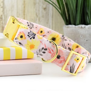 Floral Dog Collar - Pink & Yellow ~ Floral Cotton Fabric Dog Collar ~ Fashion Dog Collar ~ Custom Fabric Collar ~ Yellow Gold Metal Hardware