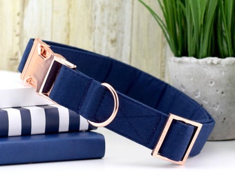 Solid Navy Dog Collar ~ Solid Navy Cotton Fabric Dog Collar ~ Fashion Dog Collar ~ Rose Gold Metal Hardware Hardware ~ Sandy Paws Collar Co