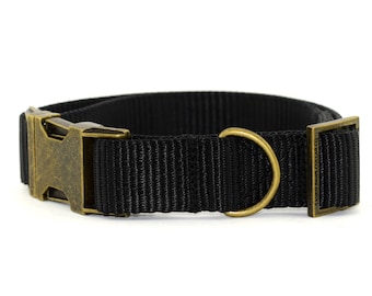 Webbing Dog Collar - Solid Black ~ Solid Nylon Webbing Dog Collar ~ Antique Bronze Metal Hardware ~ Sandy Paws Collar Co