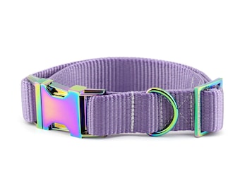 Webbing Dog Collar - Solid Light Purple ~ Solid Nylon Webbing Dog Collar ~ Rainbow/Iridescent Metal Hardware ~ Sandy Paws Collar Co