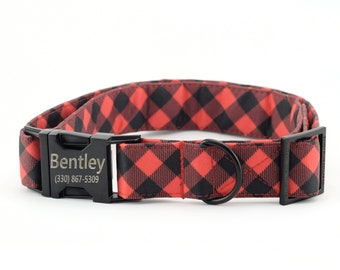 May include: Black and red plaid dog collar with a black buckle and a silver engraved name tag that reads "Bentley (330) 867-5309".
