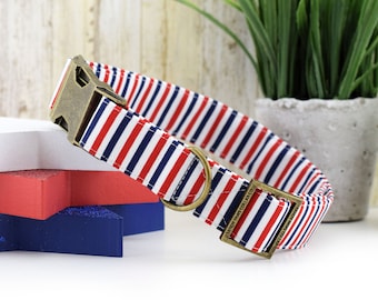 Patriotic Stripe Dog Collar - Red, White & Blue ~ Striped Cotton Fabric Dog Collar ~ Fashion Dog Collar ~ Sandy Paws Collar Co