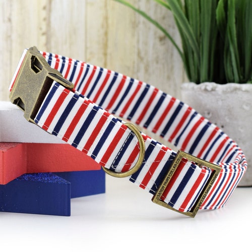 Striped Dog Collar Navy & White Striped Cotton Fabric Dog Etsy