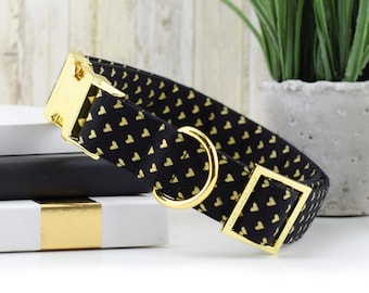 Heart Print Dog Collar - Black & Gold ~ Valentine's Day Print Fabric Dog Collar ~ Yellow Gold Metal Hardware - Sandy Paws Collar Co®