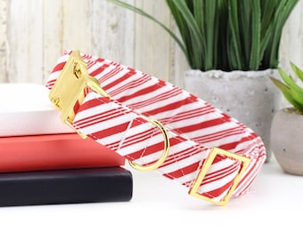 May include: A pet collar featuring a red and white diagonal striped pattern. The collar is equipped with shiny gold-toned metal hardware, including a side-release buckle, a D-ring for leash attachment, and a rectangular adjustable slider.