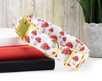 Mushroom Dog Collar - Red & White ~ Fashion Dog Collar ~ Fabric Dog Collar ~ Yellow Gold Metal Hardware ~ Sandy Paws Collar Co®