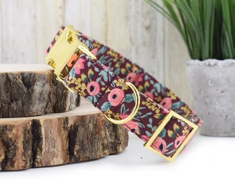 Garden Party Dog Collar - Burgundy ~ Floral Fabric Collar ~ Rifle Paper Company Dog Collar ~ Fashion Collar ~ Yellow Gold Metal Hardware