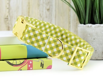 Gingham Dog Collar - Avocado Green ~ Gingham Print Cotton Fabric Dog Collar ~ Fashion Dog Collar ~ Yellow Gold Metal Hardware