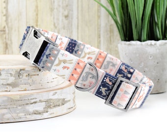 Woodland Creatures Dog Collar ~ Spring Cotton Fabric Dog Collar ~ Fashion Dog Collar ~ Antique Silver Metal Hardware ~ Sandy Paws Collar Co
