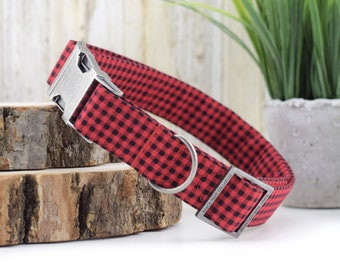 Mini Buffalo Plaid Dog Collar ~ Red & Black Checked Fabric Dog Collar ~ Fashion Dog Collar ~ Antique Silver Hardware ~ Sandy Paws Collar Co