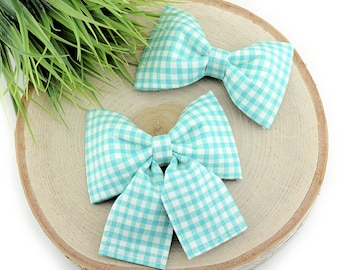 Painted Gingham Dog Collar Bow - Aqua & White ~ Collar Bow ~ Girly Dog Collar Bow ~ Slide On Bow for Dog Collar ~ Sandy Paws Collar Co®