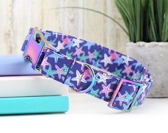 Starfish Dog Collar - Purple ~ Summer Fabric Dog Collar ~ Beach Fashion Dog Collar ~ Rainbow/Iridescent Hardware ~ Sandy Paws Collar Co®