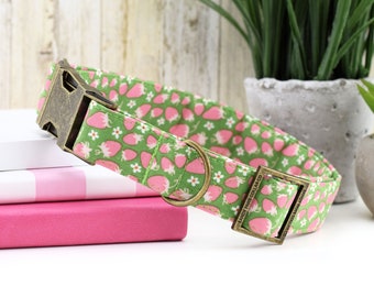 Strawberry Dog Collar - Green ~ Summer Fashion Dog Collar ~ Fabric Dog Collar ~ Antique Bronze Metal Dog Collar ~ Sandy Paws Collar Co