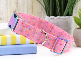 Sprinkles Dog Collar - Pink ~ Summer Print Fabric Dog Collar ~ Fashion Dog Collar ~ Rainbow/Iridescent Metal Hardware ~ Sandy Paws Collar Co