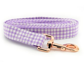 Painted Gingham Dog Leash - Lilac & White ~ Gingham Fabric Dog Leash ~ Fabric Dog Leash ~ Rose Gold Hardware ~ Sandy Paws Collar Co