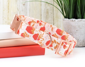 Strawberry Love Dog Collar ~ Valentine's Day Cotton Fabric Fashion Dog Collar ~ Rose Gold Metal Hardware ~ Sandy Paws Collar Co®