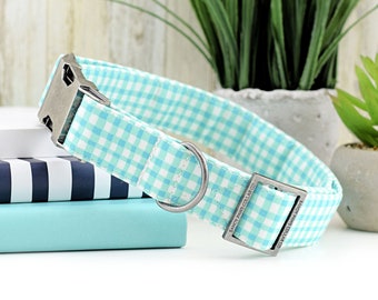 Painted Gingham Dog Collar - Aqua & White ~ Fabric Dog Collar ~ Fashion Dog Collar ~ Antique Silver Metal Hardware ~ Sandy Paws Collar Co