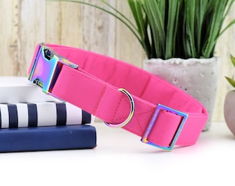 Solid Fuchsia Dog Collar ~ Pink Cotton Fabric Dog Collar ~ Fashion Dog Collar ~ Rainbow/Iridescent Metal Hardware - Sandy Paws Collar Co®