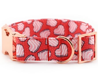 Heart Cake Valentine's Dog Collar ~ Valentine's Day Cotton Fabric Fashion Dog Collar ~ Rose Gold Metal Hardware ~ Sandy Paws Collar Co®
