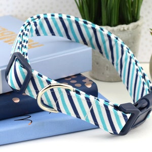 Striped Dog Collar - Navy, Aqua & White ~ Striped Cotton Fabric Dog Collar ~ Fashion Collar ~ Navy Plastic Hardware ~ Sandy Paws Collar Co