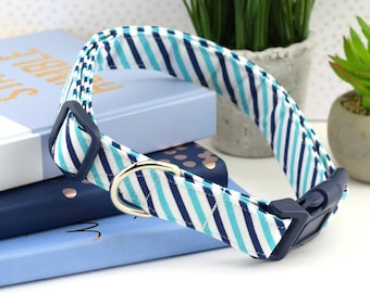 Striped Dog Collar - Navy, Aqua & White ~ Striped Cotton Fabric Dog Collar ~ Fashion Collar ~ Navy Plastic Hardware ~ Sandy Paws Collar Co